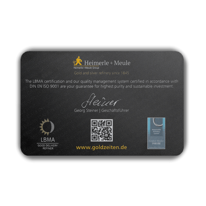 Heimerle + Meule Secain Card Goldbarren 1 Gramm - Heimerle + Meule- Heimerle + Meule Secain Card Goldbarren 1 Gramm - GB-HMS-0001