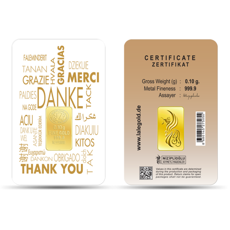 Danke - Merci - Thank You Geschenkbarren 0,10 Gramm