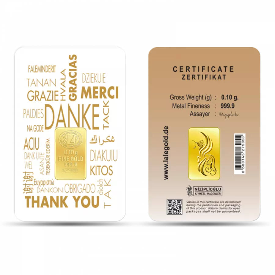 Danke - Merci - Thank You Geschenkbarren 0,10 Gramm - DAN-NZP-0010